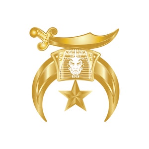 May include: A gold crescent moon with a five-pointed star in the center. A gold sword with a pharaoh's head in a frame is above the crescent moon.