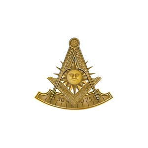 May include: A gold-colored Masonic square and compass with a sun face in the center. The compass has a protractor with numbers 15, 30, 45, 60, 75, and 90.