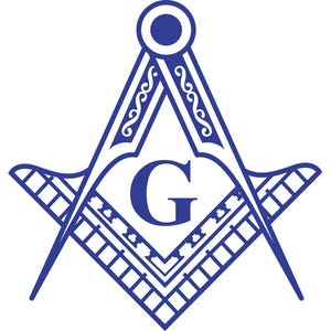May include: A blue and white Masonic symbol with a compass and square, a 'G' in the center, and decorative flourishes.