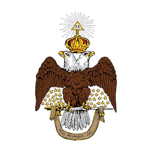 May include: A brown and white double-headed eagle with a crown and a triangle with the number 33 on top. The eagle is holding a sword and has a banner with the text "DEUS MEUMQUE JUS."