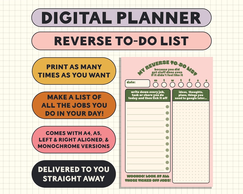 Puede incluir: Un planificador imprimible rosa con el texto "My Reverse To-Do List" y una lista de verificaci&oacute;n para escribir tareas e ideas. El planificador est&aacute; dise&ntilde;ado para ayudarte a hacer las cosas incluso si no te apetece.