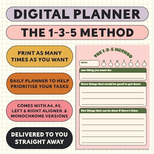 Op de afbeelding: Een roze en groene digitale planner met de tekst "THE 1-3-5 METHOD" en een dagelijkse planner om te helpen bij het prioriteren van taken. De planner bevat secties voor één ding dat je moet doen, drie dingen die goed zouden zijn om te doen en vijf dingen die kunnen worden gedaan als er tijd is.