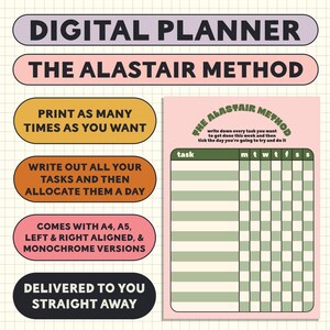 Peut inclure: Un planificateur numérique avec un fond rose et une grille verte. Le planificateur est intitulé "La méthode Alistair" et comprend des instructions pour noter les tâches et les affecter à un jour de la semaine. Le planificateur est disponible en formats A4 et A5, aligné à gauche et à droite, et en versions monochromes.