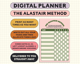 Puede incluir: Un planificador digital con fondo rosa y cuadrícula verde. El planificador se titula "El método Alistair" e incluye instrucciones para anotar las tareas y asignarlas a un día de la semana. El planificador está disponible en tamaños A4 y A5, alineado a la izquierda y a la derecha, y en versiones monocromas.