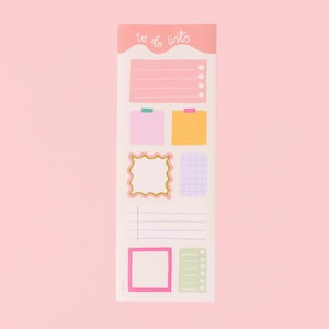 May include: A pink and white to-do list sticker sheet with various shapes and sizes of blank spaces for writing. The sheet has the words "to do lists" at the top.