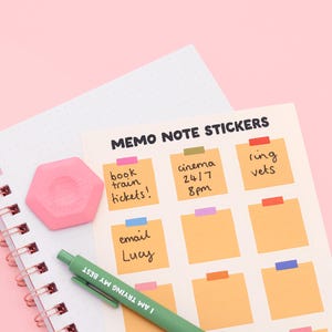 May include: A sheet of memo note stickers with the text MEMO NOTE STICKERS, featuring a grid of orange squares with colourful tape accents. Some squares contain handwritten notes like book train tickets, cinema 24/7 8pm, ring vets, and email Lucy.
