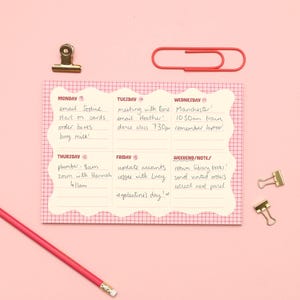 Könnte beinhalten: Ein rosa-weiß karierter Wochenplaner mit handschriftlichen Notizen, einschließlich Terminen und To-Do-Listen. Eine rote Büroklammer und goldene Büroklammern auf rosa Hintergrund. Ein rosa Bleistift befindet sich in der linken unteren Ecke.