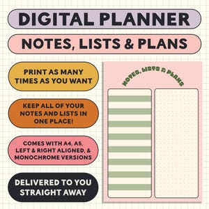 Digital Download - Printable Planner Page: Notes, Lists & Plans