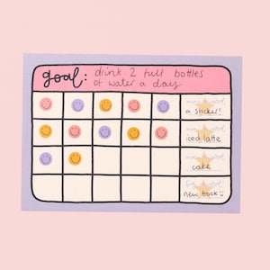 May include: A light purple and pink goal tracker with the text "goal: drink 2 full bottles of water a day." The tracker has a grid of smiley faces and reward options like "sticker" and "new book."