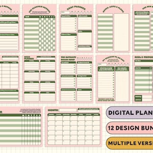 Puede incluir: Un paquete de planificadores digitales con 12 diseños diferentes. Las páginas del planificador son rosas con acentos verdes e incluyen secciones para la planificación diaria, la planificación semanal, el seguimiento de hábitos, el vaciado de cerebro y mucho más. El texto "DIGITAL PLANNER", "12 DESIGN BUNDLE" y "MULTIPLE VERSIONS" se muestra en la imagen.