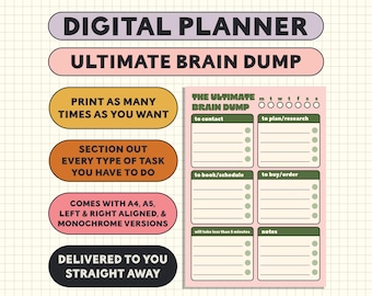 Puede incluir: Un planificador digital imprimible rosa con el texto "Ultimate Brain Dump" en negro. El planificador tiene secciones para "contactar", "planificar/investigar", "reservar/programar", "comprar/pedir", "tardará menos de 5 minutos" y "notas".