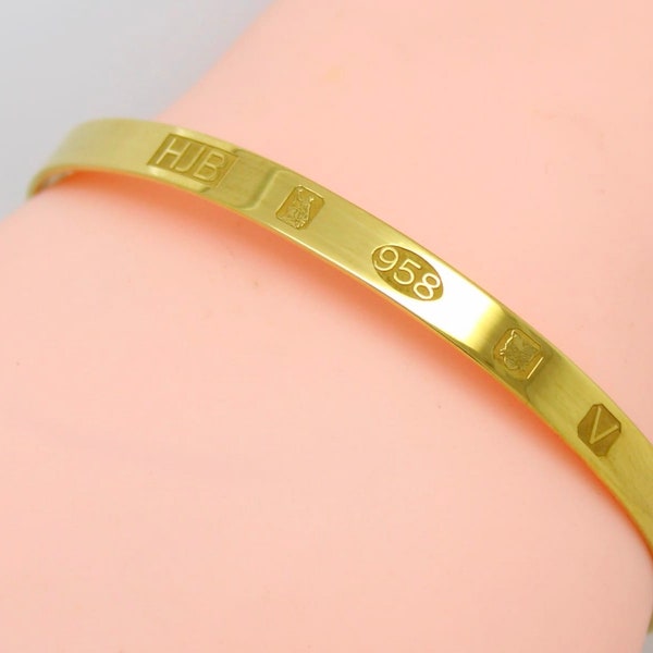 18ct Gold Vermeil Britannia 958 Silver Bangle Bracelet With Full UK Hallmarks Adjustable handmade bracelet, fine bracelet display hallmarks