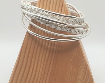 Metallic Pearl Braided Double Leather Wrap Bracelet with Silver Plated Tubes and Magnetic Clasp