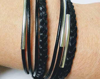 Double Black Braided  Leather Wrap Bracelet with Silver Plated Tubes and Magnetic Clasp