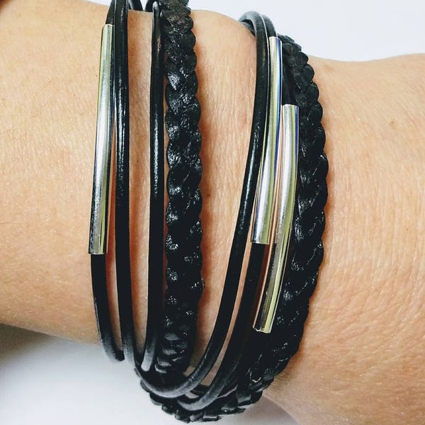 Double Black Braided  Leather Wrap Bracelet with Silver Plated Tubes and Magnetic Clasp