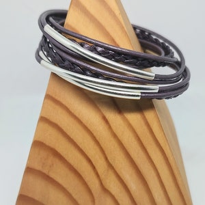 Berry Braided Boho Double Leather Wrap Bracelet with Silver Plated Tubes and Magnetic Clasp image 1