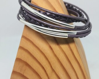 Berry Braided Boho Double Leather Wrap Bracelet with Silver Plated Tubes and Magnetic Clasp