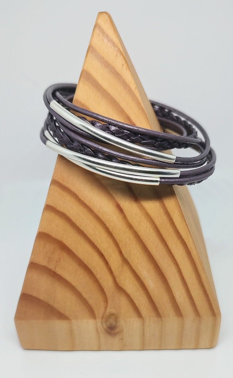 Berry Braided Boho Double Leather Wrap Bracelet with Silver Plated Tubes and Magnetic Clasp image 1