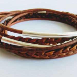 Distressed Brown Braided Double Leather Wrap Bracelet with Silver Plated Tubes and Magnetic Clasp image 1