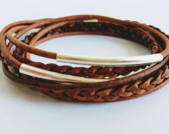 Distressed Brown Braided Double Leather Wrap Bracelet with Silver Plated Tubes and Magnetic Clasp