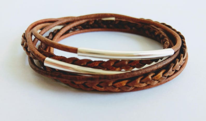 Distressed Brown Braided Double Leather Wrap Bracelet with Silver Plated Tubes and Magnetic Clasp image 1
