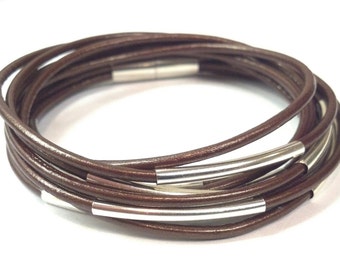 Metallic Bronze Double Leather Wrap Bracelet with Silver Plated Tubes and Magnetic Clasp