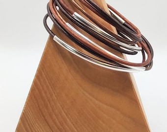 Brown Blend Double Leather Wrap Bracelet with Silver Plated Tubes and Magnetic Clasp