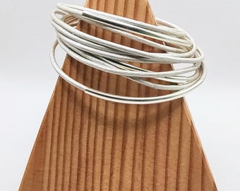 Metallic Pearl Double Leather Wrap Bracelet with Silver Plated Tubes and Magnetic Clasp