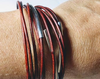 Distressed Turkey Red Double Leather Wrap Bracelet with Silver Plated Tubes and Magnetic Clasp