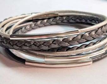 Metallic Silver and Gray Blend Braided Double Leather Wrap Bracelet with Silver Plated Tubes and Magnetic Clasp