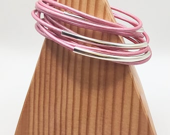 Pink Leather Wrap Bracelet with Silver Plated Tubes and Magnetic Clasp