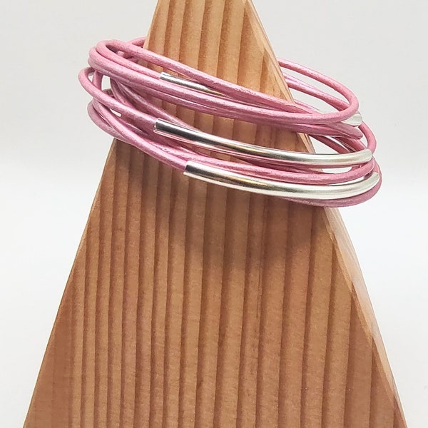 Pink Leather Wrap Bracelet with Silver Plated Tubes and Magnetic Clasp