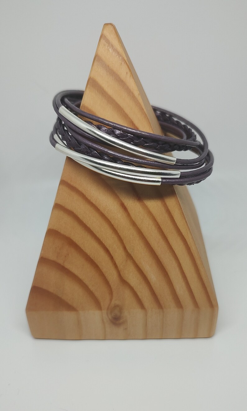 Berry Braided Boho Double Leather Wrap Bracelet with Silver Plated Tubes and Magnetic Clasp image 1