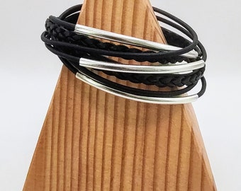 Double Black Braided  Leather Wrap Bracelet with Silver Plated Tubes and Magnetic Clasp