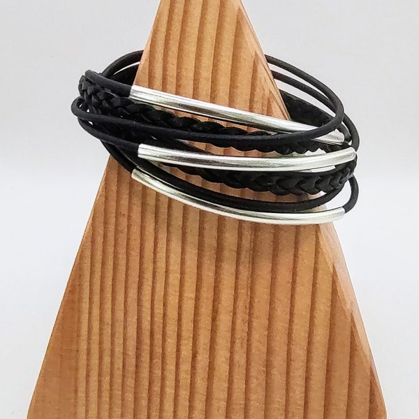 Double Black Braided  Leather Wrap Bracelet with Silver Plated Tubes and Magnetic Clasp