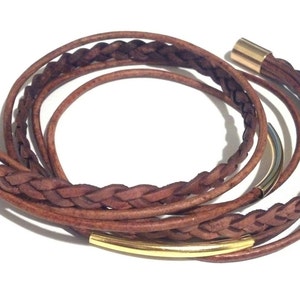 Distressed Brown Braided Double Leather Wrap Bracelet with Silver Plated Tubes and Magnetic Clasp image 4