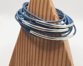 Distressed Blue Double Leather Wrap Bracelet with Silver Plated Tubes and Magnetic Clasp