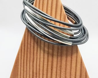 Metallic Silver Double Leather Wrap Bracelet with Silver Plated Tubes and Magnetic Clasp