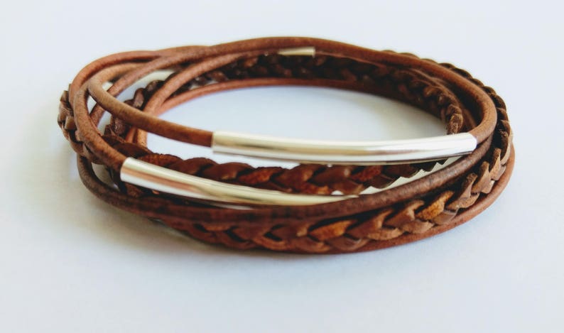 Distressed Brown Braided Double Leather Wrap Bracelet with Silver Plated Tubes and Magnetic Clasp image 5