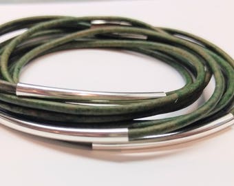 Distressed Green Double Leather Wrap Bracelet with Silver Plated Tubes and Magnetic Clasp