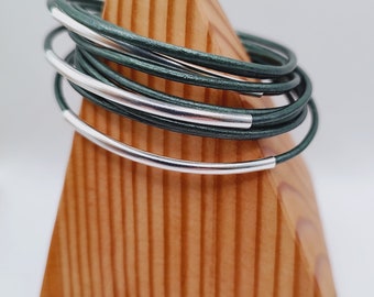 Metallic Sea Green Double Leather Wrap Bracelet with Silver Plated Tubes and Magnetic Clasp