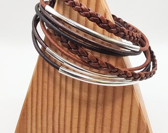 Brown Blend Braided Double Leather Wrap Bracelet with Silver Plated Tubes and Magnetic Clasp