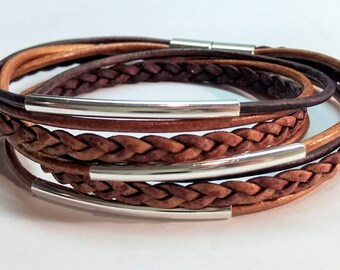 Brown Blend Braided Double Leather Wrap Bracelet with Silver Plated Tubes and Magnetic Clasp