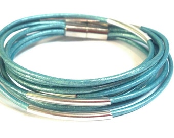 Metallic Turquoise Double Leather Wrap Bracelet with Silver Plated Tubes and Magnetic Clasp