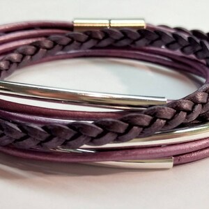 Berry Braided Boho Double Leather Wrap Bracelet with Silver Plated Tubes and Magnetic Clasp image 2