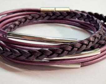 Berry Braided Boho Double Leather Wrap Bracelet with Silver Plated Tubes and Magnetic Clasp