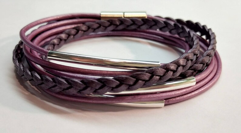 Berry Braided Boho Double Leather Wrap Bracelet with Silver Plated Tubes and Magnetic Clasp image 2