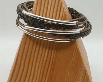 Metallic Moss Braided  Double Leather Wrap Bracelet with Silver Plated Tubes and Magnetic Clasp