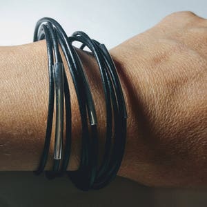 Black Double Leather Wrap Bracelet with Silver Plated Tubes and Magnetic Clasp image 1