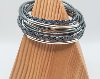 Silver Braided Leather Wrap Bracelet with Silver Plated Tubes and Magnetic Clasp